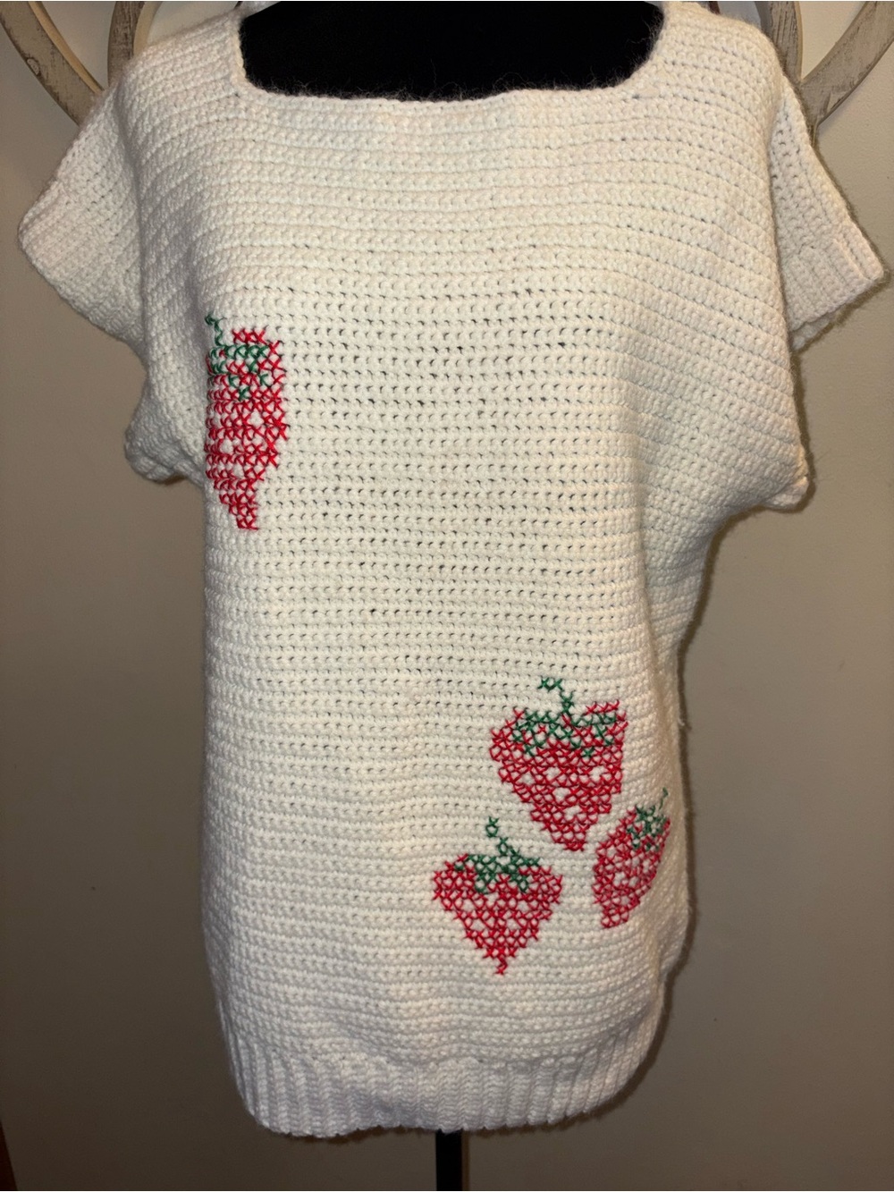 Handmade Crochet Strawberry Cap-Sleeve Sweater Pullover Ivory / Cream (Size M/L)